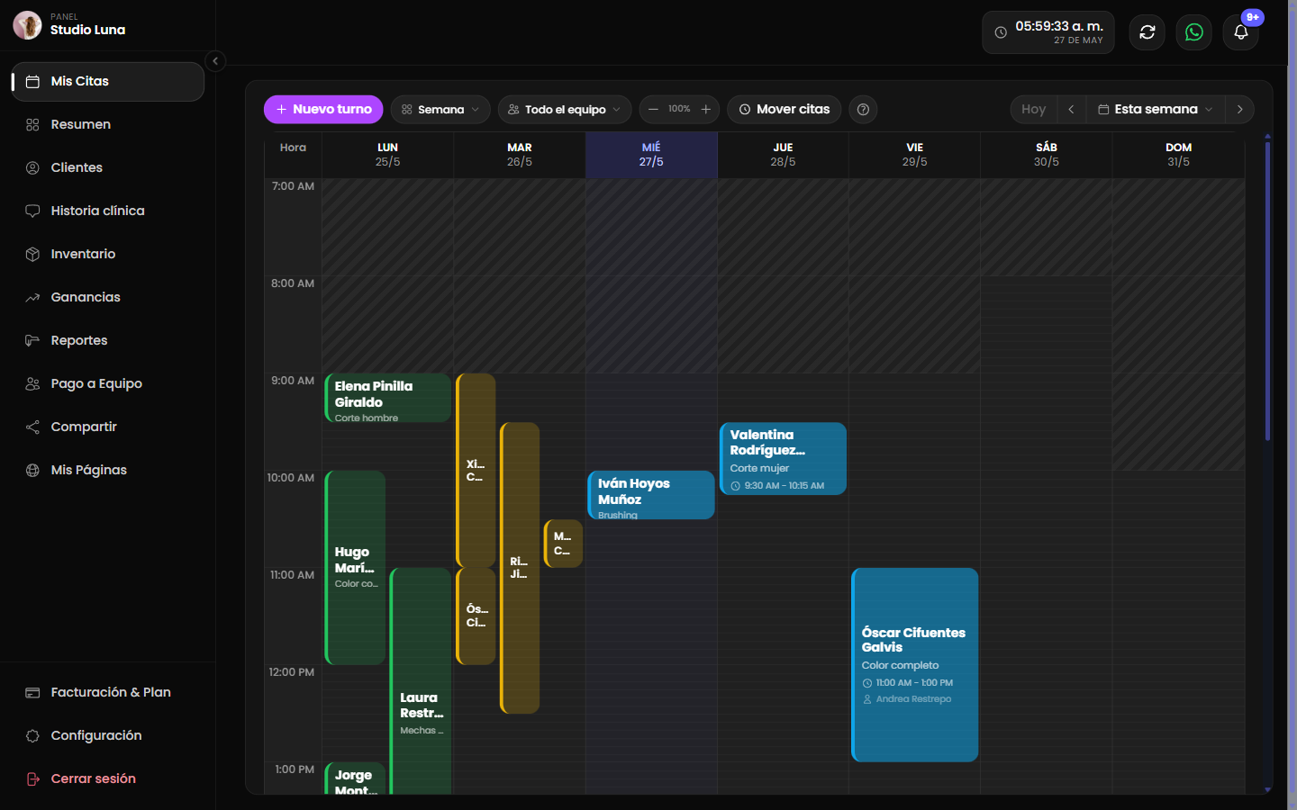Calendario semanal de Reserbox con citas por empleado