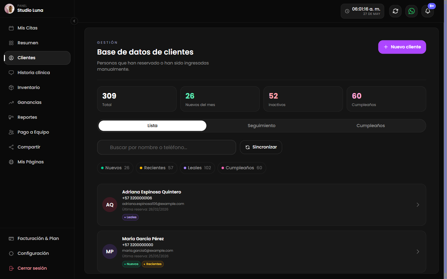 Lista de clientes con segmentos y seguimiento