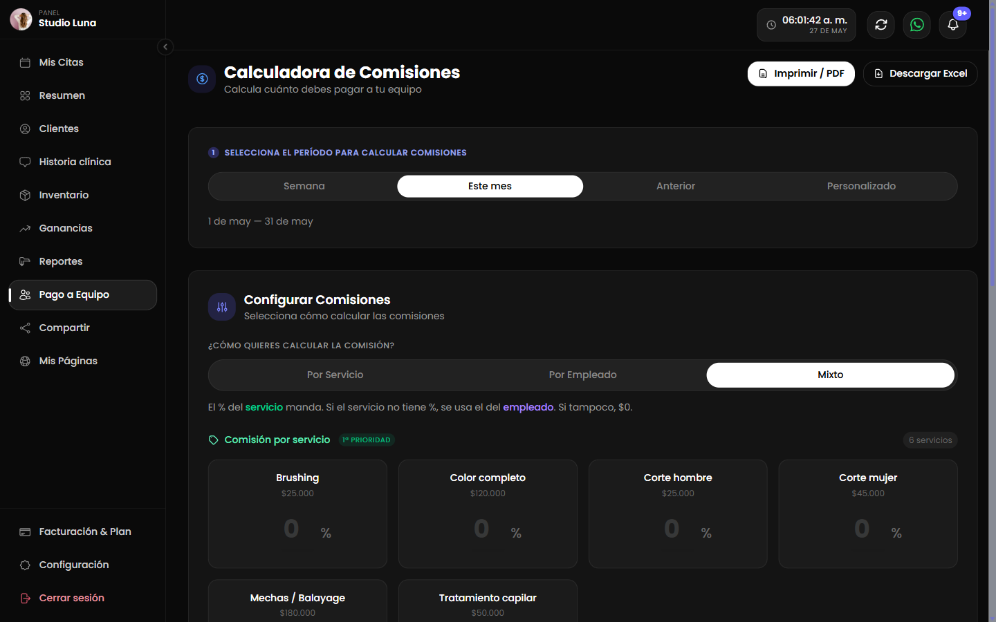 Calculadora de comisiones por servicio y empleado